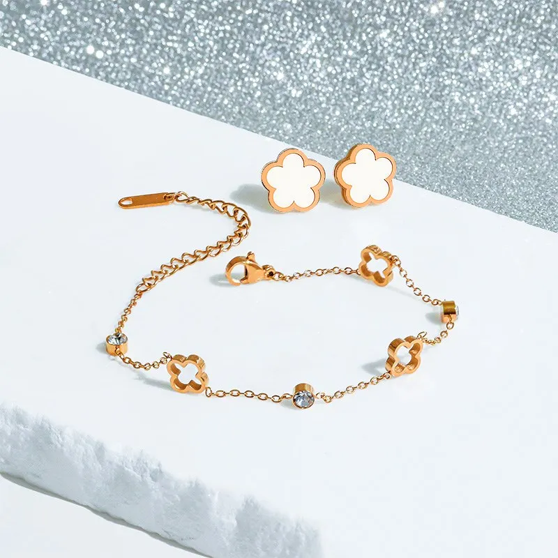 

Fashion Stainless Steel Earrings Sets for Women White Shell Flower Necklace Bracelet Earrings 2023 Trend Female Wedding Jewelry