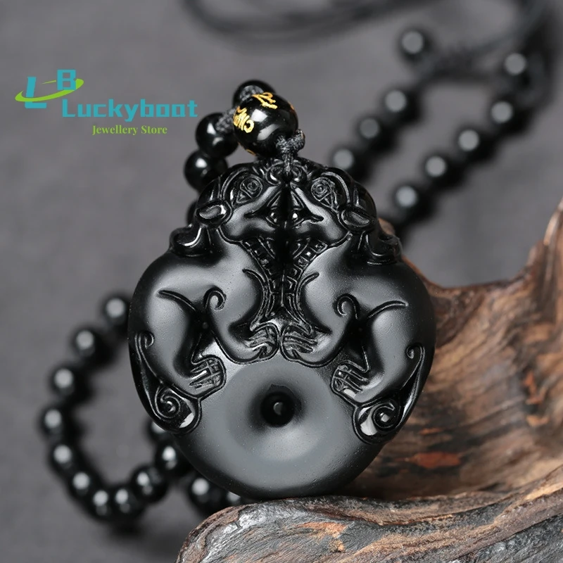 

Natural Obsidian Double Pixiu Safety Buckle Pendant Black Obsidian Stone Pendants Necklace Wholesale