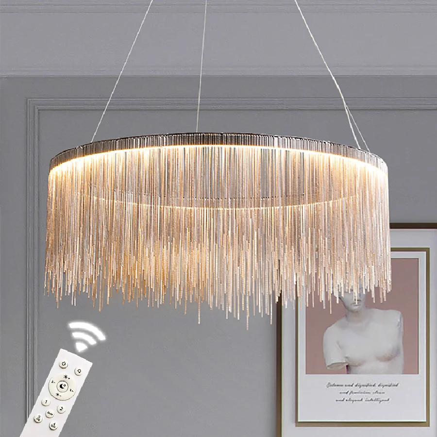 

Современная люстра с кисточками, Подвесная лампа в скандинавском стиле с круглым кольцом, с дистанционным управлением, для внутреннего осв...