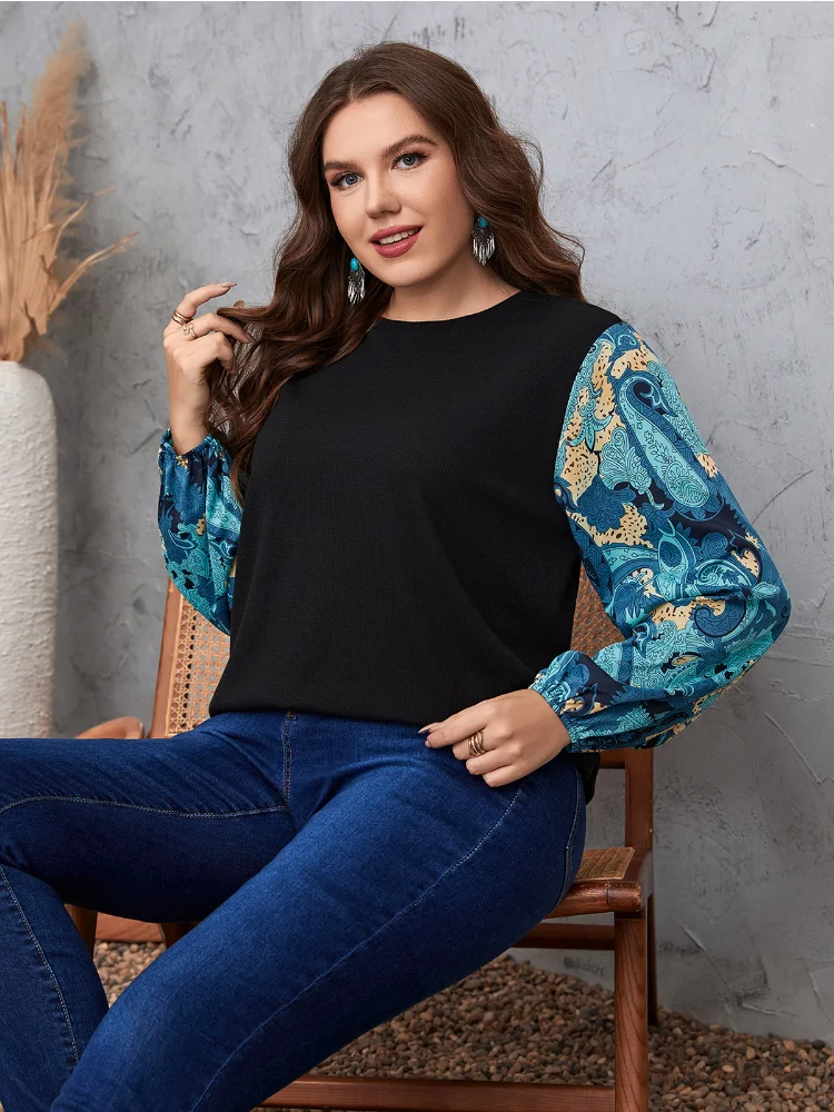 Temperament commuter color matching plant lantern sleeve round neck plus size shirt plus size women clothing
