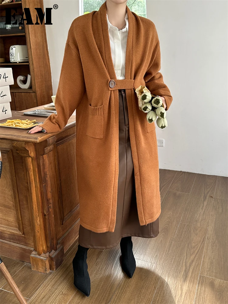

[EAM] Brown Big Size Midi Knitting Cardigan Sweater Loose Fit V-Neck Long Sleeve Women New Fashion Spring Autumn 2023 1DH1089