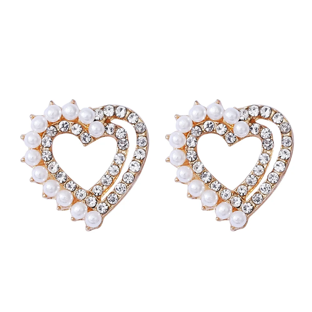 

New Trendy Hollow-out Love Heart Earrings for Women Fashion Ear Stud Charm Rhinestone imitation Pearl Stud Earrings Female Gift