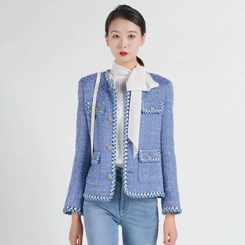 Осеннее универсальное твидовое короткое пальто с круглым вырезом и карманами