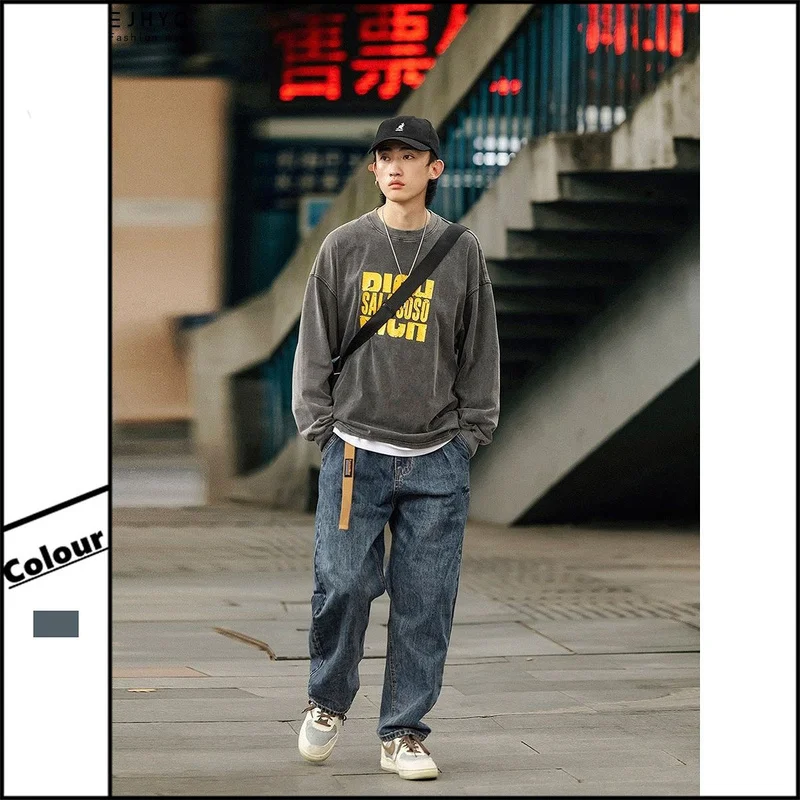2022 New Casual Washed Denim Trousers Men's Japanese Fashion Casual Loose Straight Retro Hip Hop Wide Leg Youth Jeans Trend