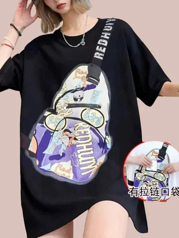 Летняя одежда Y2k, сумка-мессенджер с принтом, футболка на молнии, Женская Повседневная футболка в европейском стиле большого размера для пары, повседневные футболки, топы
