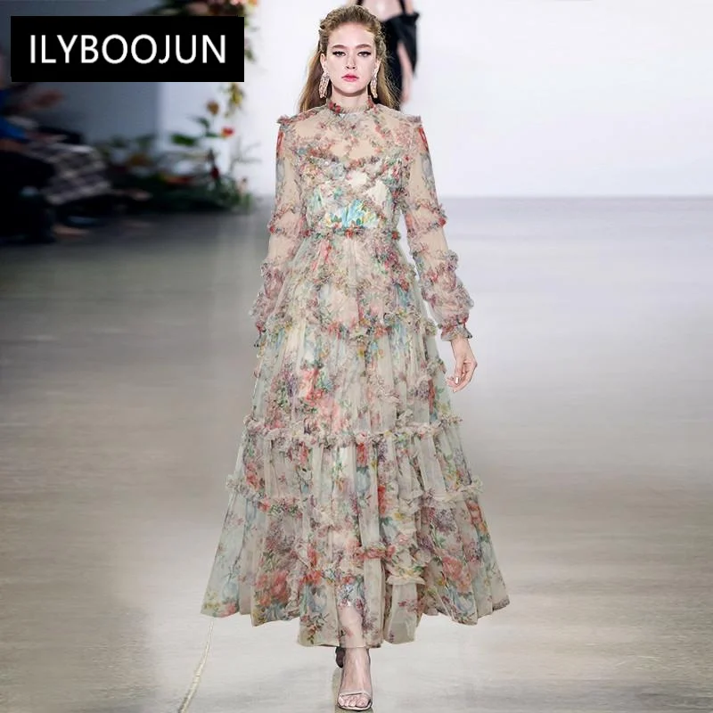 

Runway New Holiday Princess Women's Dress Lantern Sleeve Huge Swing Mesh Print Cascading Ruffle Vacation Gown Dresses Plus Size
