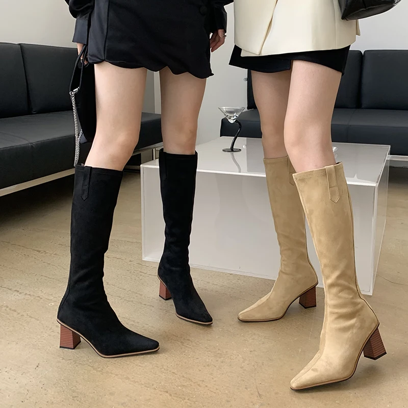 

Fashion Women Knee High Boots Pointed Toe Stretch Shoes Flock Square High Heels Back Zipper Winter Party Botas Ladies Pumps 39