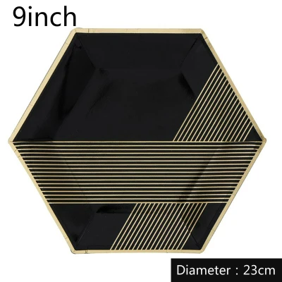 

32pcs Tableware Dessert Plate Black and Gold Paper Plates Foil Gold Hexagon Plates For Birthday Halloween Wedding Party Supplies