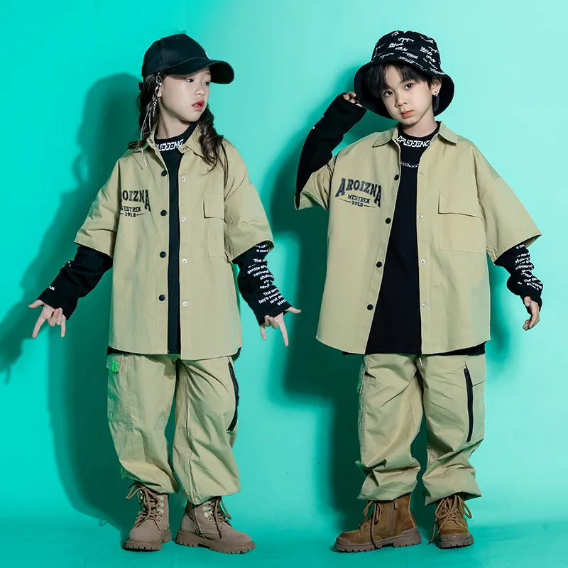 

Teen Kids Khaki Shirts Hip Hop Clothing Jacket Running Pants for Girls Boys Jazz Dance Costumes Street Outfits 8 10 12 14 16 Yrs