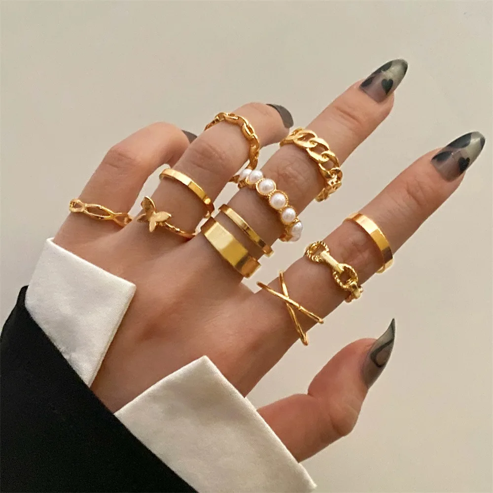 

Fashion 10pcs/set Gold Butterfly Rings Set for Women Girl Gold Color INS Imitation Pearl Link Chain Rings Party Jewelry