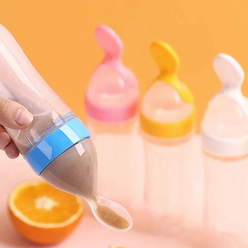 

90ml Safety Silicone Baby Bottle Infant Kids Feeding Bottles With Spoon Rice Cereal Milk Paste Baby Food Supplement Bottle Cup