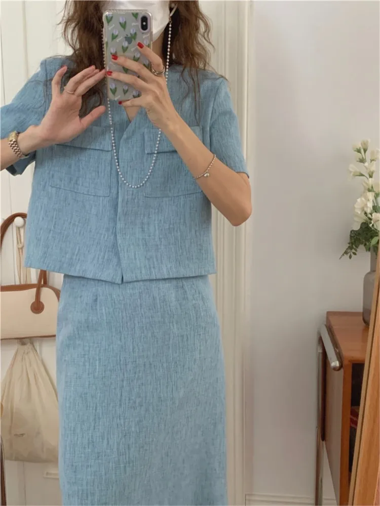 

Синие летние женские костюмы из двух предметов, винтажные блейзеры с короткими рукавами, костюмы 2022, офисная одежда, OL, с высокой талией, с разрезом, Новые миди юбки, комплекты