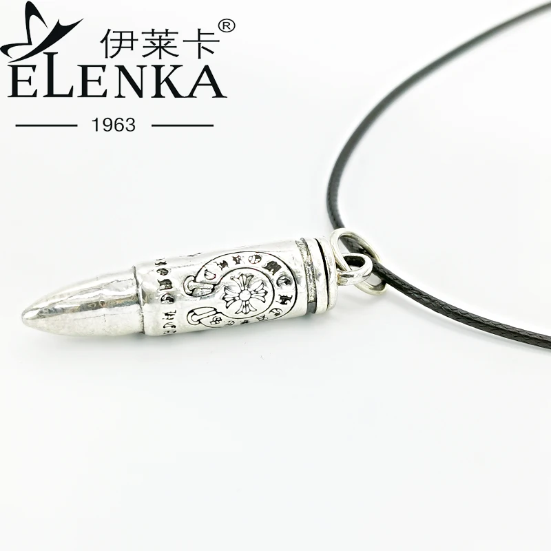 

Luxury 925 Sterling Silver Trendy Retro Bullet Pendnat Necklaces For Men Carving Unique Cool Necklace Simple Fine Jewelry Gifts