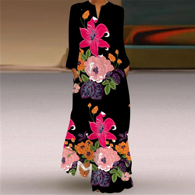 

Spring Autumn Elegant Maxi Dress Casual Holiday Beach Party Robe Vestidos Women Flowers Printed Long Sleeve Loose Vintage Dress