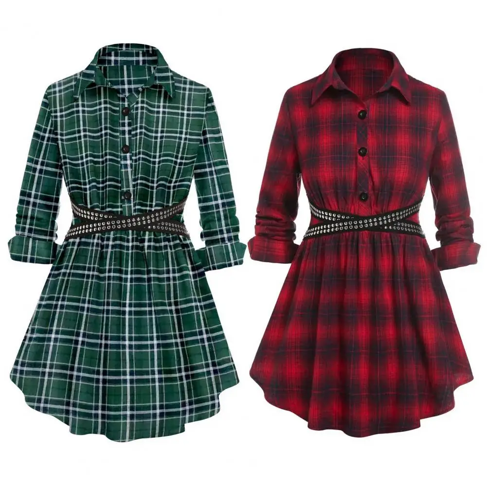 

Gothic Casual Dress Women Red Plaid Belted Roll Tab Sleeve Handkerchief Dress Vestidos Autumn Long Sleeve A-Line Party Dress