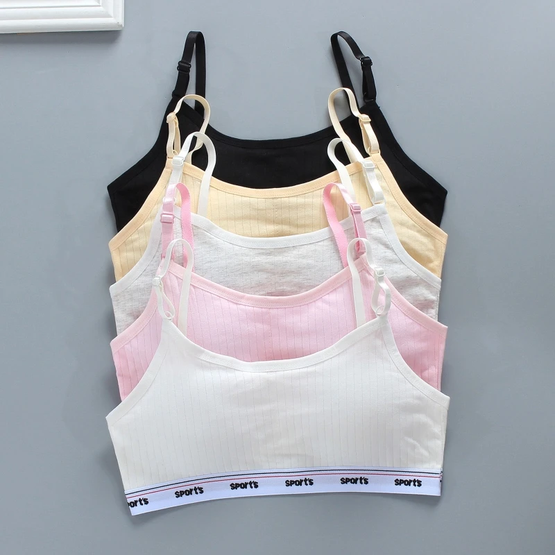 

Children Girls Spaghetti Strap Bra with Chest Pad Ribbed Plain Solid Color Letters Bralette Sling Vest Sports Training Underwear