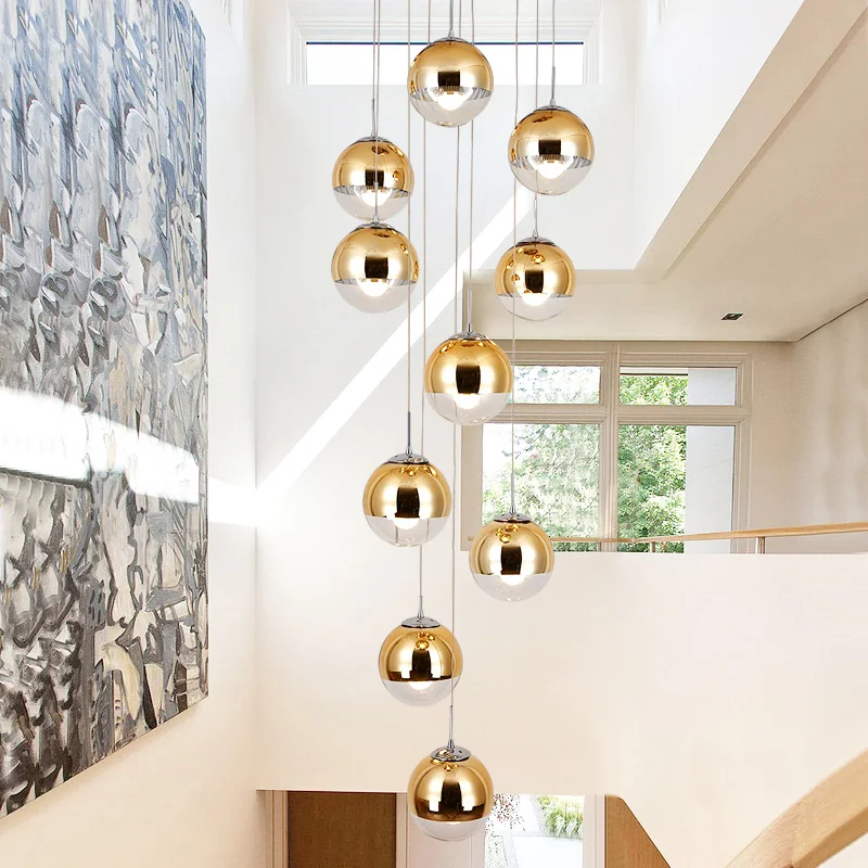 

Glass Ball Pendant Lamps Indoor Lighting Living Room Restaurant Villa Middle Building Rotating Staircase Gold Long Hanging Light