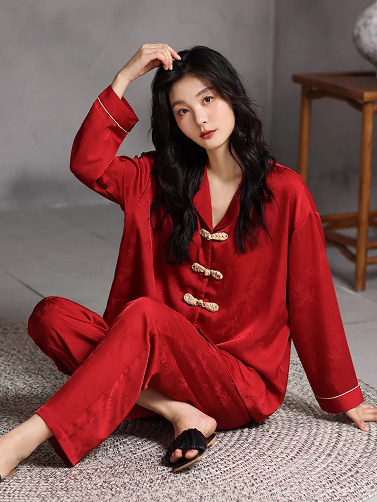 Пижамы для пар из ледяного шелка женские весенне-осенние мужские красные пижамы