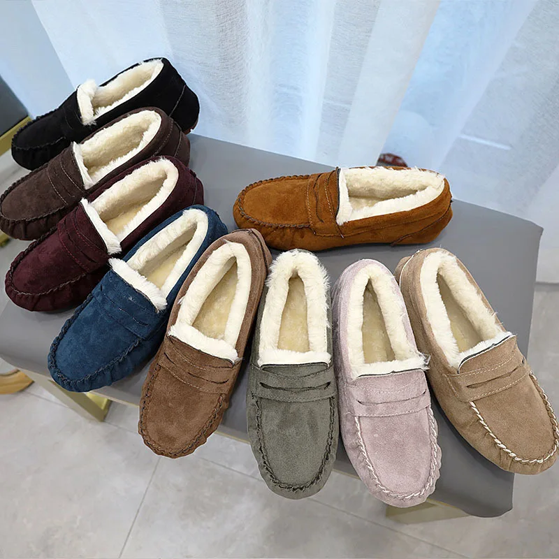 

Women Warm Fur Slip On Loafers Toe Shallow Anti-slip Flat Fashion Winter Indoor Outdoor Ladies Driving Shoes