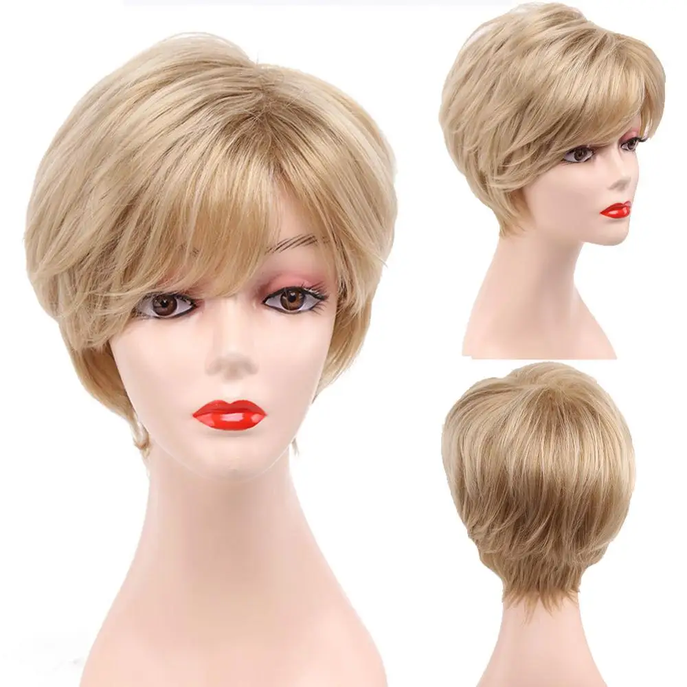 Amir Short Blonde Synthetic Wigs For Women Pixie Hair Cut Puffy Natural Staight Wig Free Side Part Bangs Cosplay | Шиньоны и парики