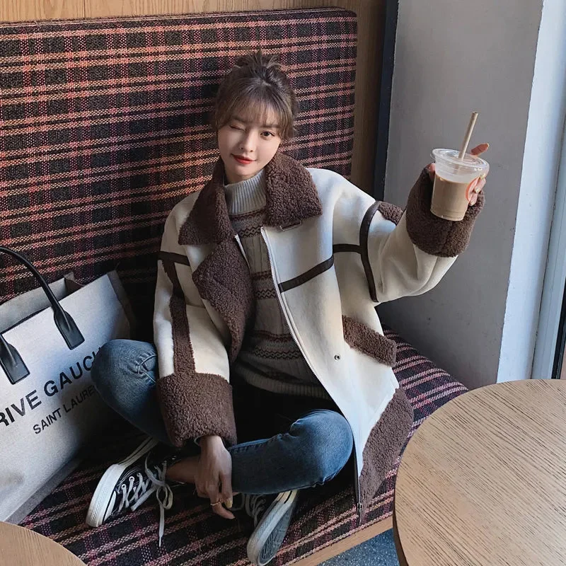 Women's Fashion Winter 2021 Women's Korean Chic Loose Thick Retro Fur All-in-one Motorcycle Suit Lamb Hair Long-sleeved Jacket