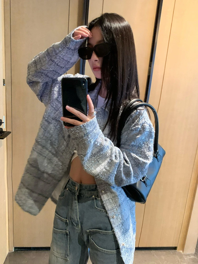 2024 весенняя винтажная твидовая куртка в клетку женская одежда однобортная