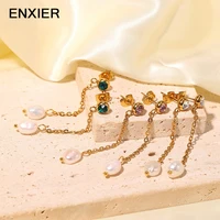 enxier 316l stainless steel long chain pearl pendant earrings for women girls jewelry luxury femme earrings pary accessories