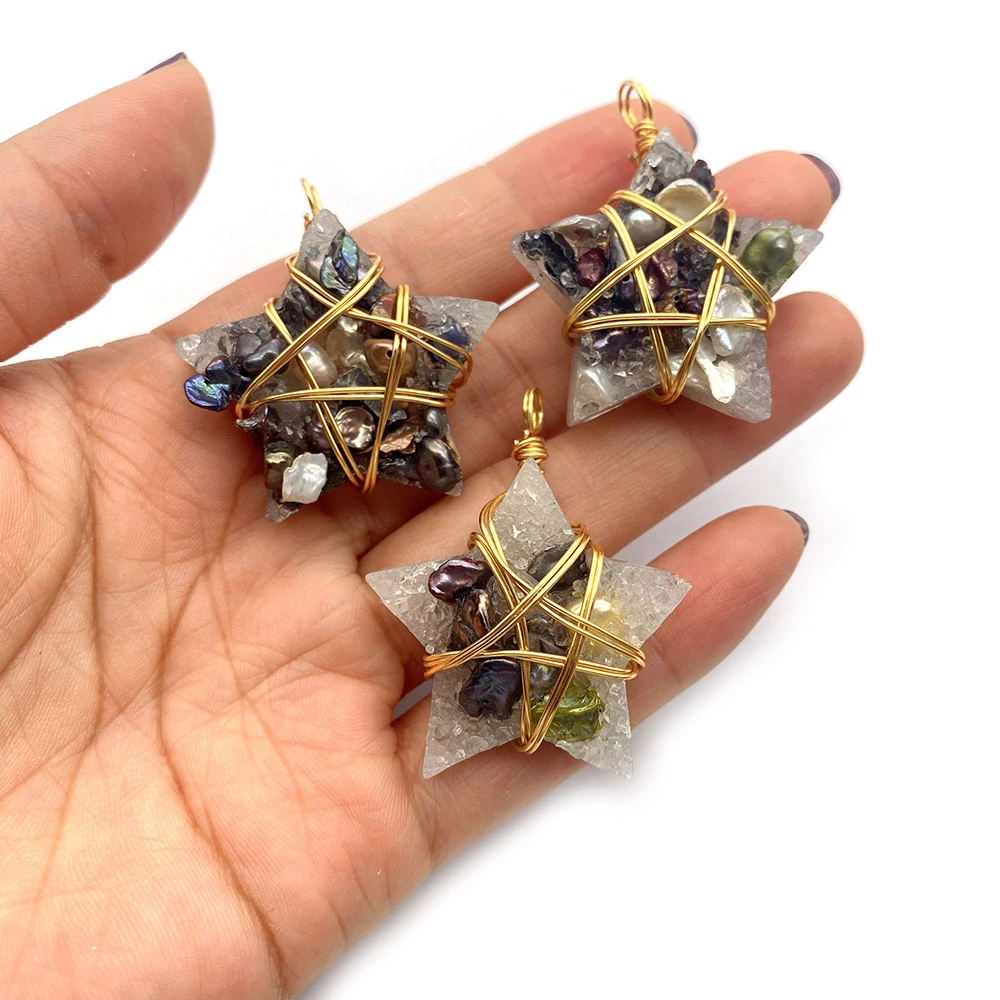 

Pentagram Natural Stone Pendant 34x40mm Inlaid Colorful Pearl Thread Wrap Charm Jewelry Fashion DIY Necklace Earring Accessories