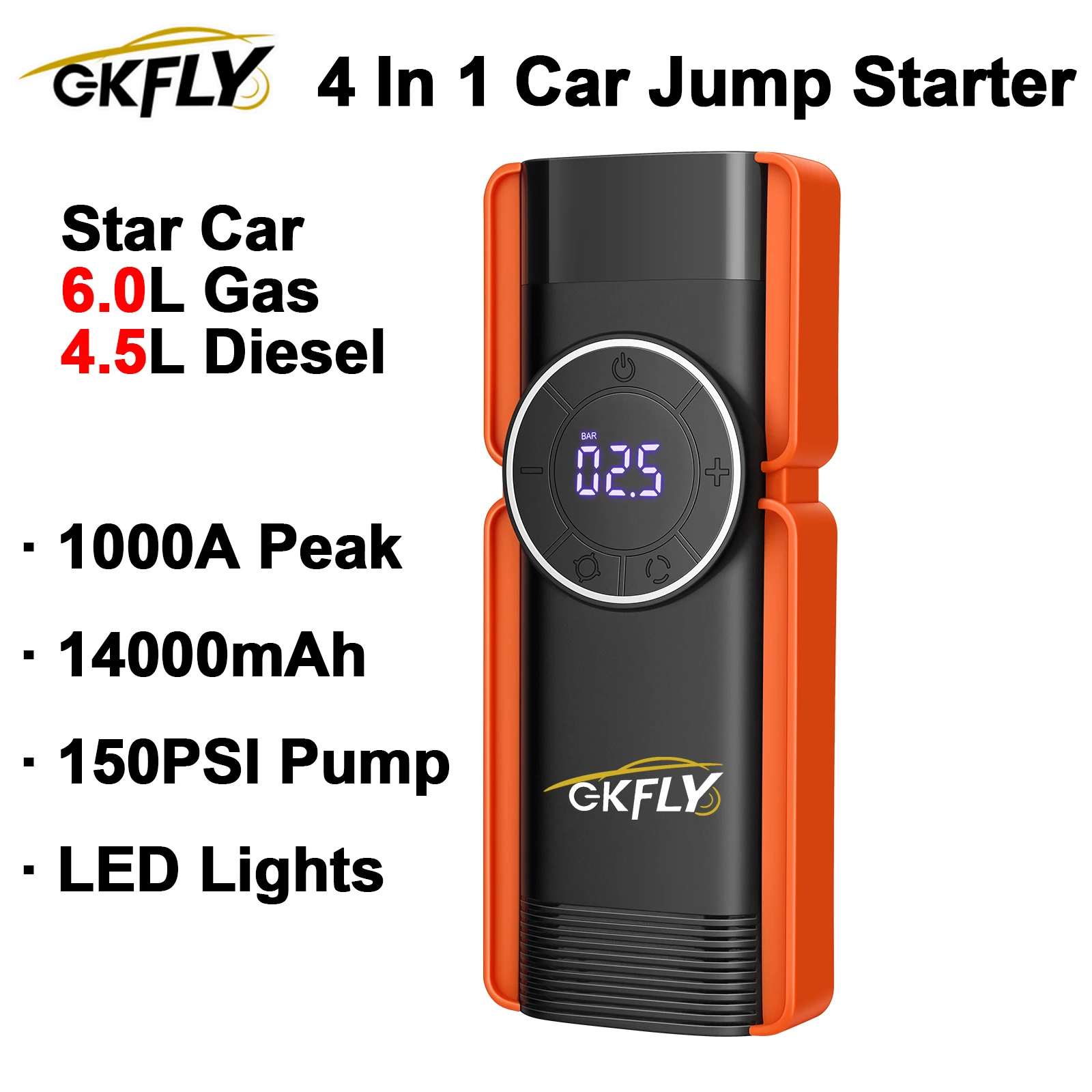 GKFLY 1000A Jump Starter 4 in 1 Air Compressor Power Bank Portable Battery Auto Buster For Car Emergency Booster Starting Device