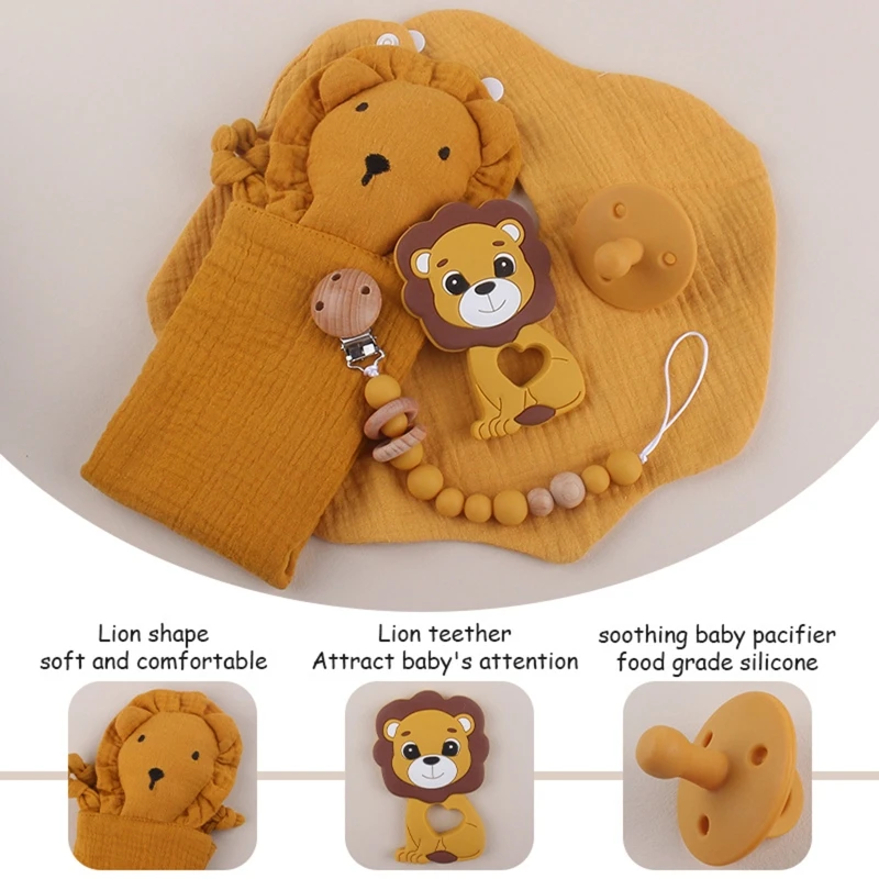 

Newborn Gift Box Set Cartoon Lion Baby Pacifier Pacifier Chain Appease Towel Bib Kit for Infant Baby Boys Girls Baby Shower Gift