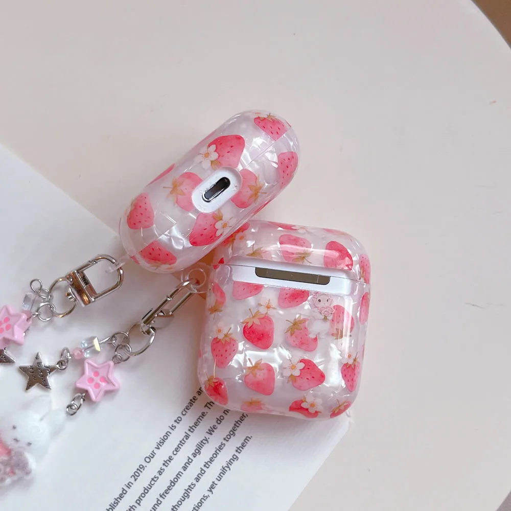 Чехол с розовым клубничным узором для AirPods Pro2 Pro 3 USB C 2025, чехлы для Airpods 4 3 2 1 Pro3 с плюшевым брелоком в виде кролика (art.: 3920dbd809c5f) - 3920dbd809c5f