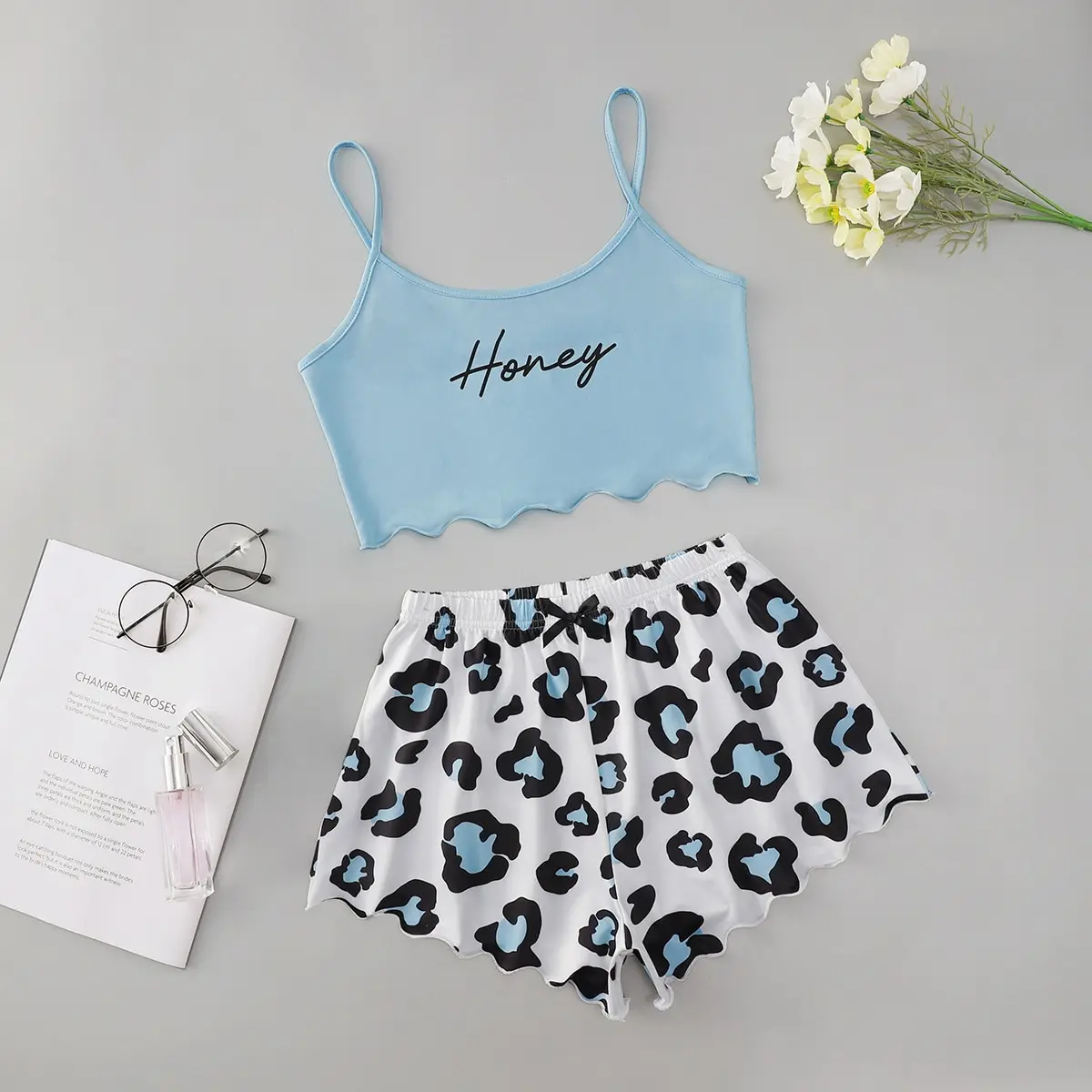 Monogrammed Floral Halter Tops and Leopard Print Bow Upholstered Shorts Housecoat Pajama Set