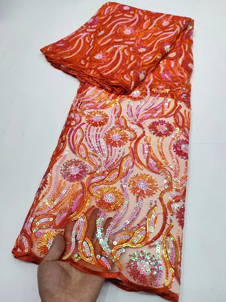 

Оранжевая 5 ярдов африканская сетчатая кружевная ткань с блестками 2022 высокое качество французское искусственное гипюровое свадебное плат...