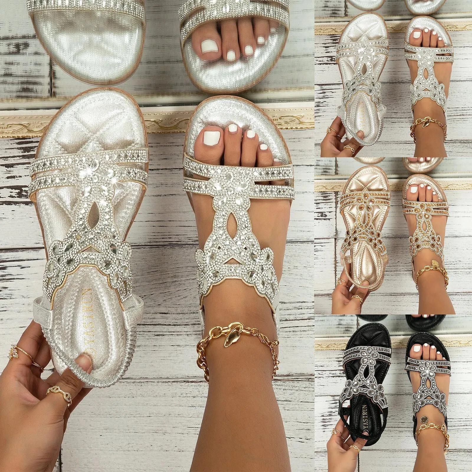 

Shoes Women's Sandals Comfort With Elastic Ankle Strap Casual Bohemian Beach Fashion Crystal Floral Open Toe Low Heels Sandals