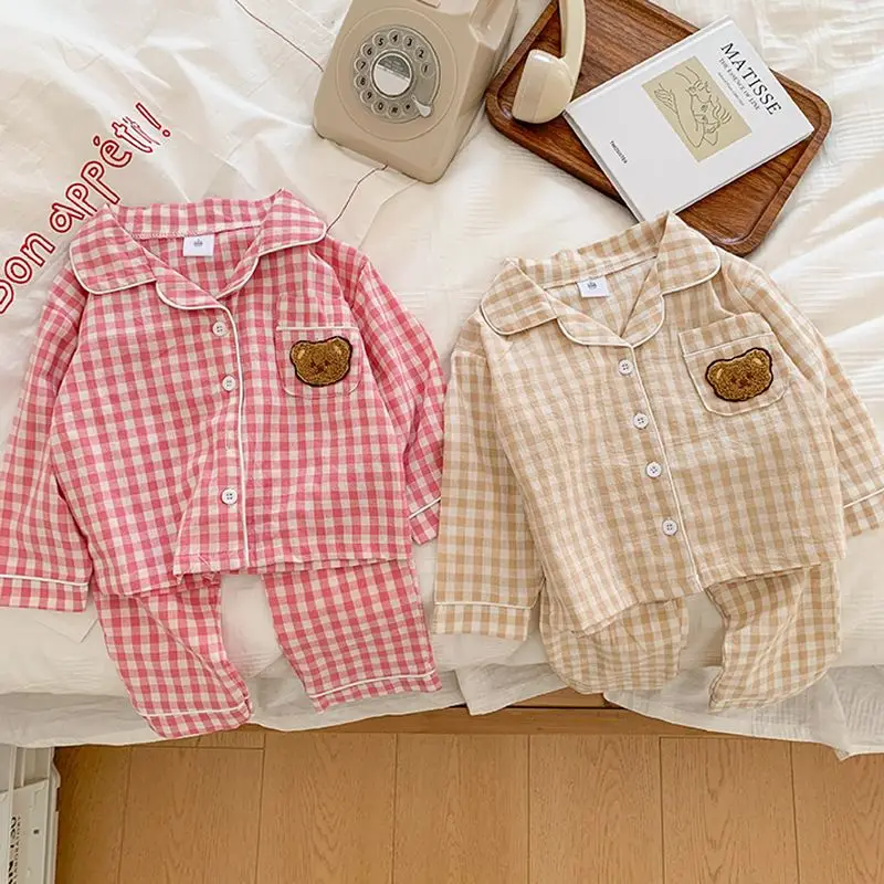 

Baby Boy Girl Cotton Pajamas Set Children Cartoon Bear Plaid Shirt+Pants 2PCS Infant Toddle Child Home Clothing Baby Clothes1-8Y