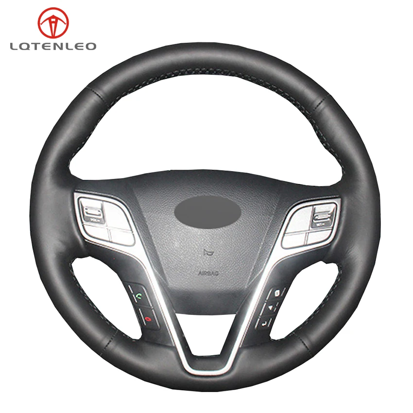 

LQTENLEO Black Genuine Leather Hand Sew Car Steering Wheel Cover For Hyundai Santa Fe 2013-2018 ix45 2013 2014 2015 2016