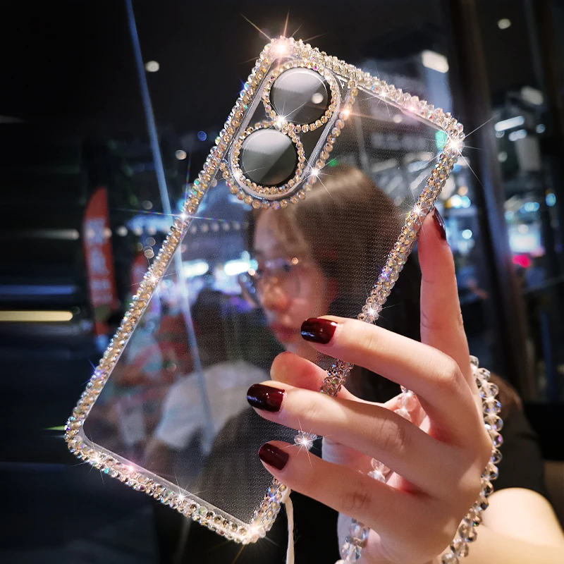 

For Honor 50 Mobile Phone Case Transparent with Drill for Huawei Honor 50 Pro Full Color Diamond Own Lens Film Protective Cover