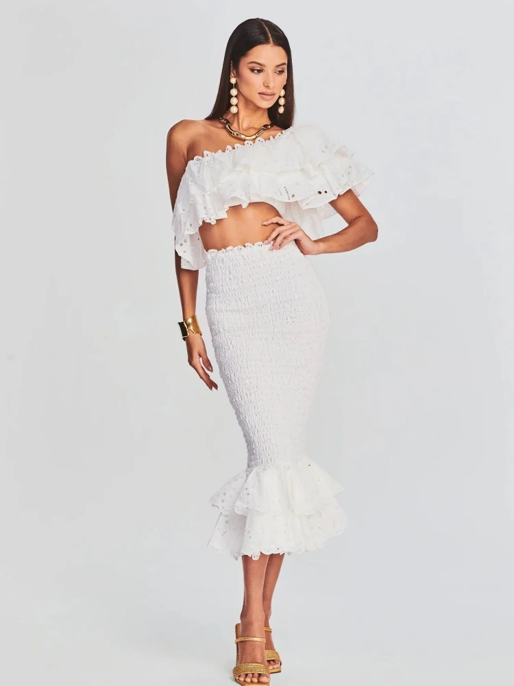 

Sexy Skew Collar Tops+High Waist Midi Skirts Two Piece Set Elegant Women White Embroidery Strapless Ruffles Suits Evening Party