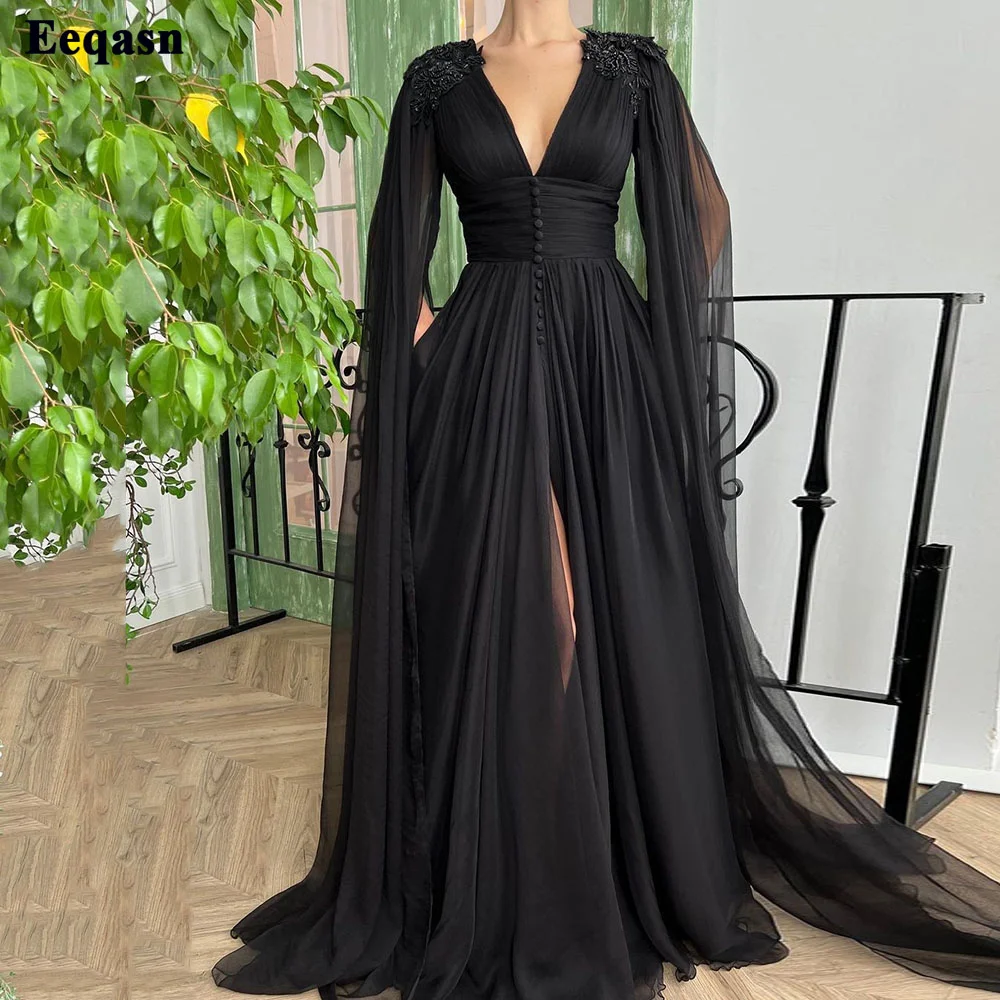 

Eeqasn Black Chiffon Prom Dresses Slit Long Sleeves Women Party Gowns V-Neck Buttons Beaded Formal Wedding Bridesmaid Dress