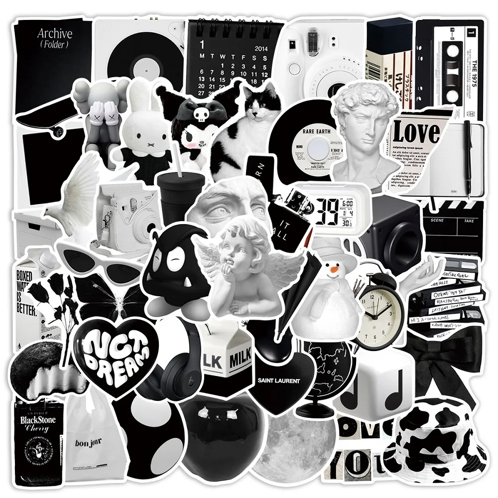 

10/30/50 PCS Black White Cartoon Stickers Simple INS Decals DIY Phone Notebook Suitcase Laptop Fridge Wall Sticker for Kid Baby