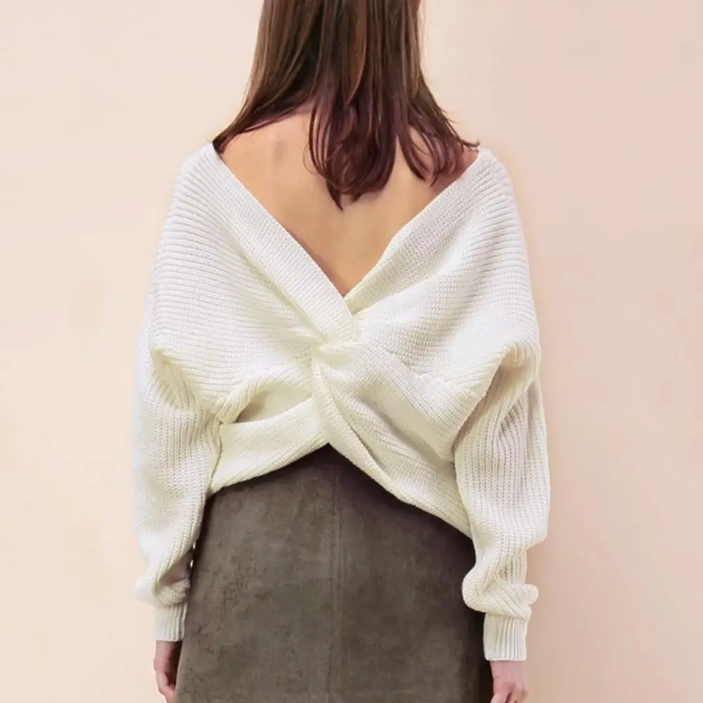

Женский Однотонный свитер с V-образным вырезом и завязками на спине