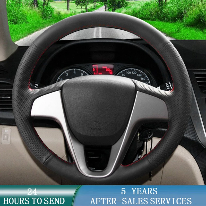 

Customized Car Steering Wheel Cover Braiding Non-Slip Cowhide Leather For Hyundai Solaris Verna i20 2008-2012 Car Accessories