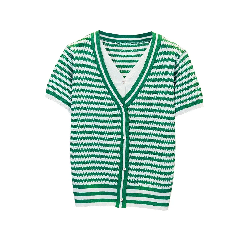 Женская футболка в полоску с V-образным вырезом и коротким рукавом