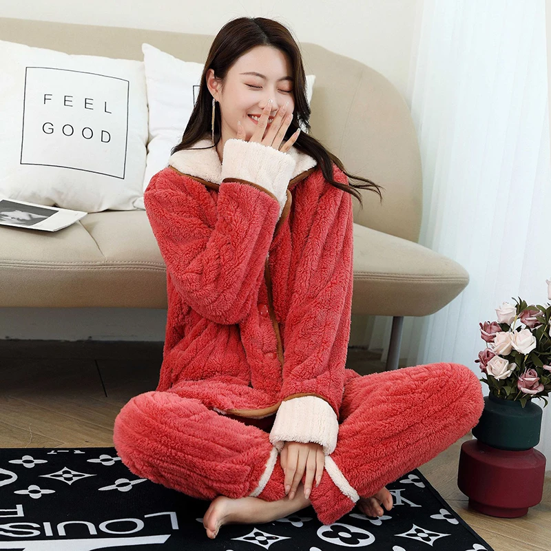 Korean 2 Pieces Pajamas for Women Thick Homewear Simple Pyjama Winter Comfortable Sleepwear Fashion Nightwear Flannel Loungewear