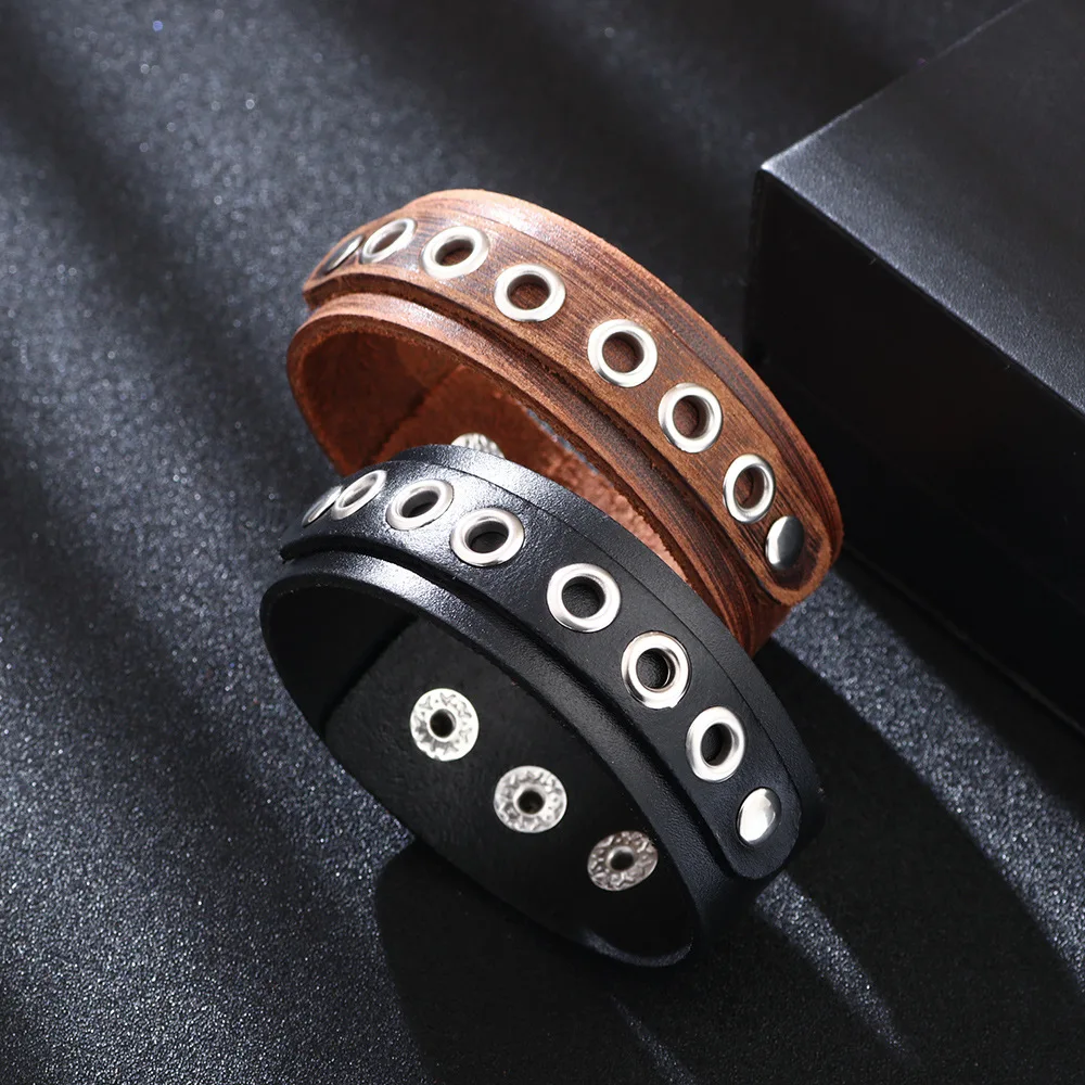 

Kirykle 2022 Summer New Punk Leather Bracelet Metal Buckle Bracelet Retro Fashion Cowhide Jewelry Men Bracelet