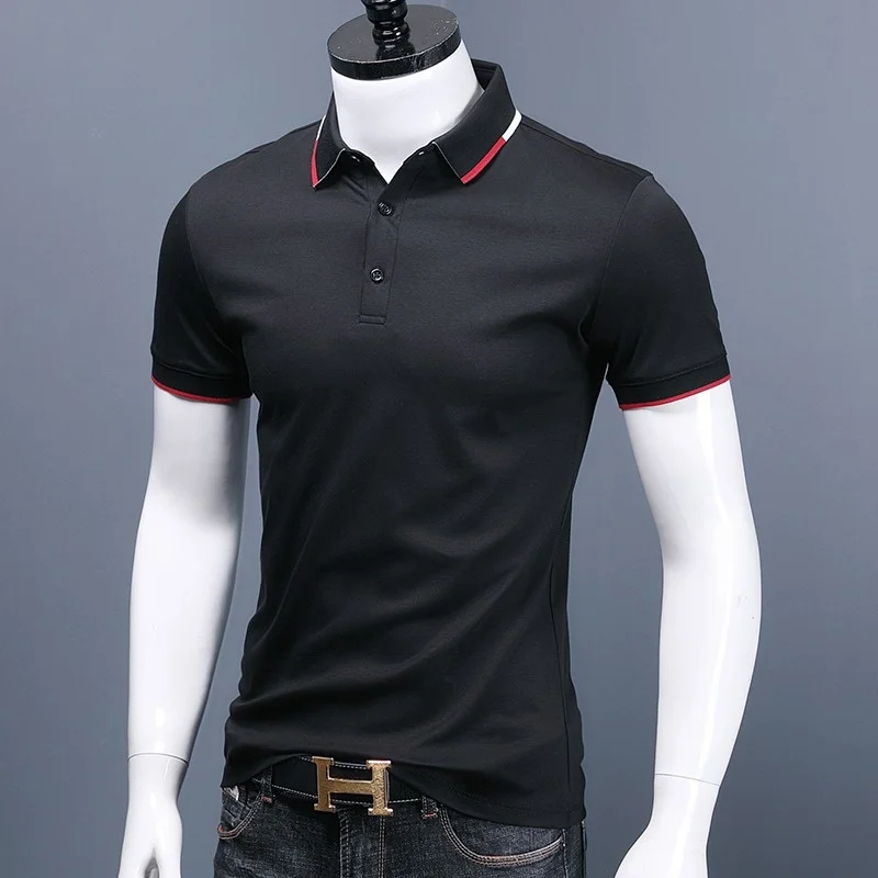 

Summer 2023 Fashion Polo Shirts Men Business Casual Black Slim Fit Short Sleeve Polos Double Mercerized Cotton Tops