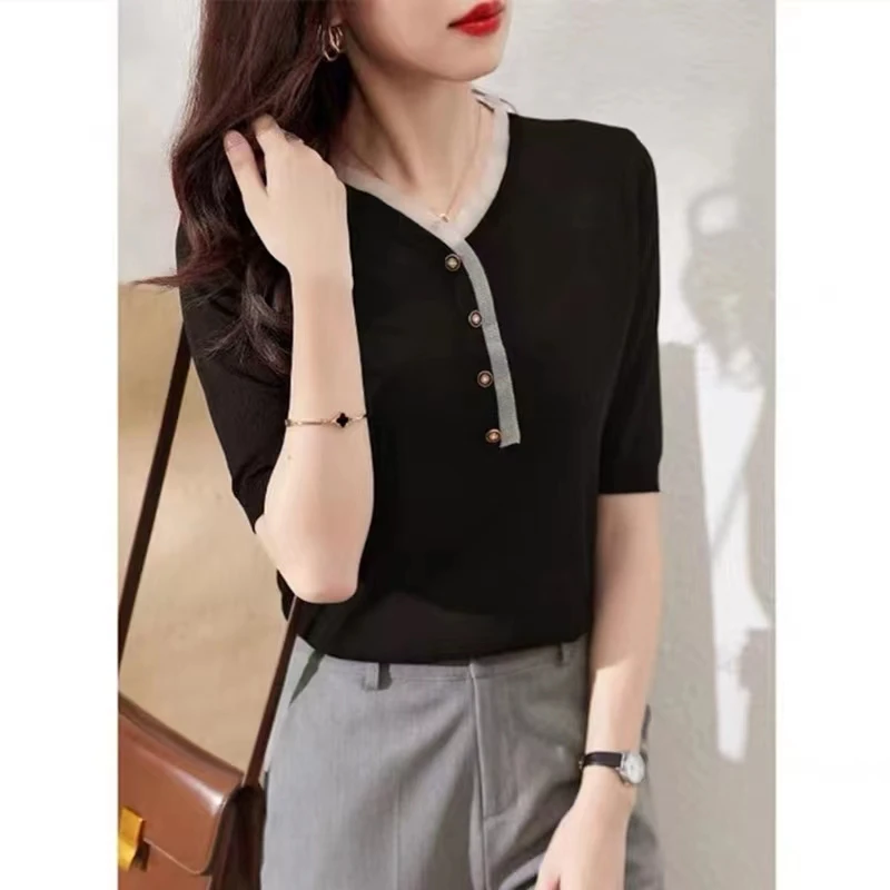 

ATTYYWS Women's T-Shirt Summer Hot Sale New Wool Refined Faux Knit Slim Fit V-Neck Women's Pullover Short Sleeve Top T-Shirt