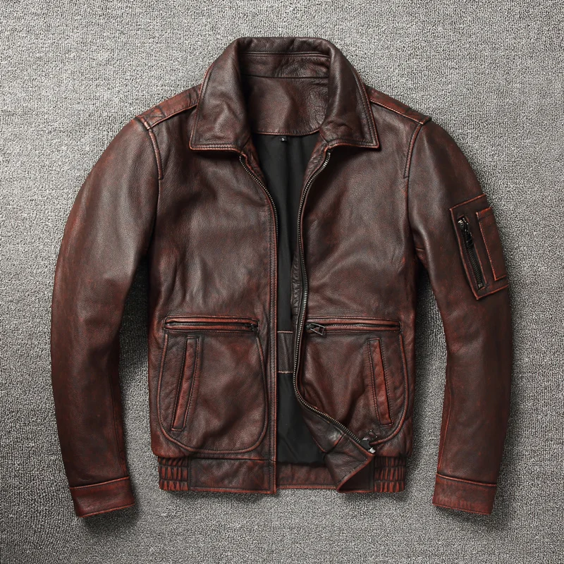 

New genuine Leather jacket Vintage Brown Cowhide Coat Men Military Pilot Jackets Air Force Flight Clothes Size S-5XL