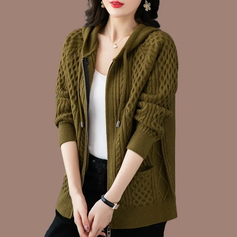 High Quality Hooded Zip Knit Cardigan Jacket Women Autumn Winter 2022 Thicken Sweater Faux Wool Sweater Tops Oversize Loose Coat