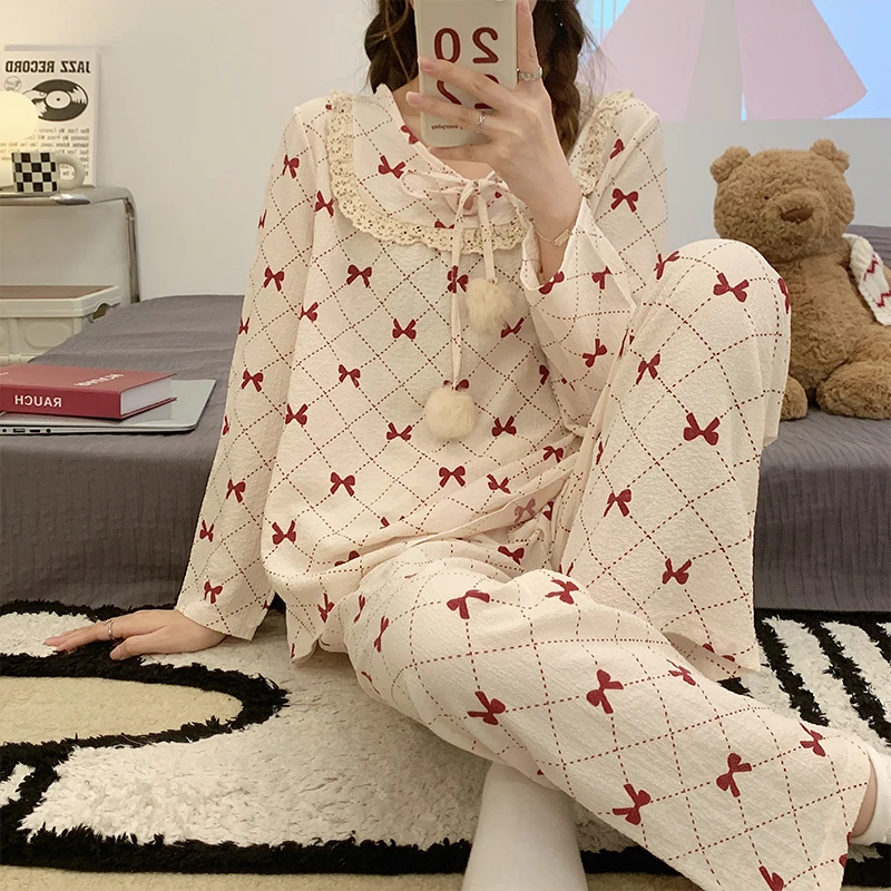 CAIYIER 2022 Winter Women's Peach Sleepwear Medieval Flare Sleeve Casual Nightwear Loungewear Girls Korean Ruffle Pajamas Set